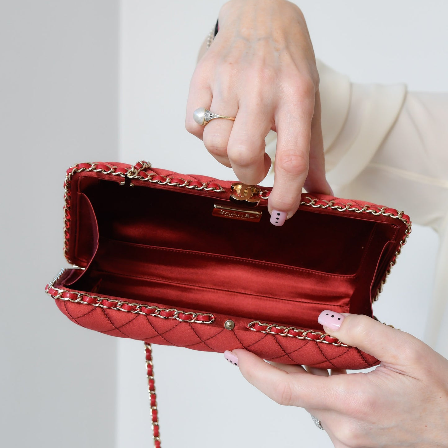 Chanel Quilted CC Red Satin Chain Around Clutch Bag