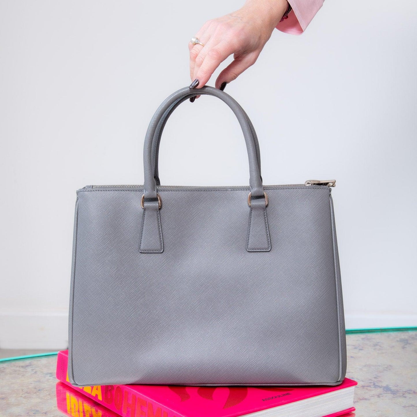 Prada Saffiano Double Zip Top Grey Leather Tote Bag