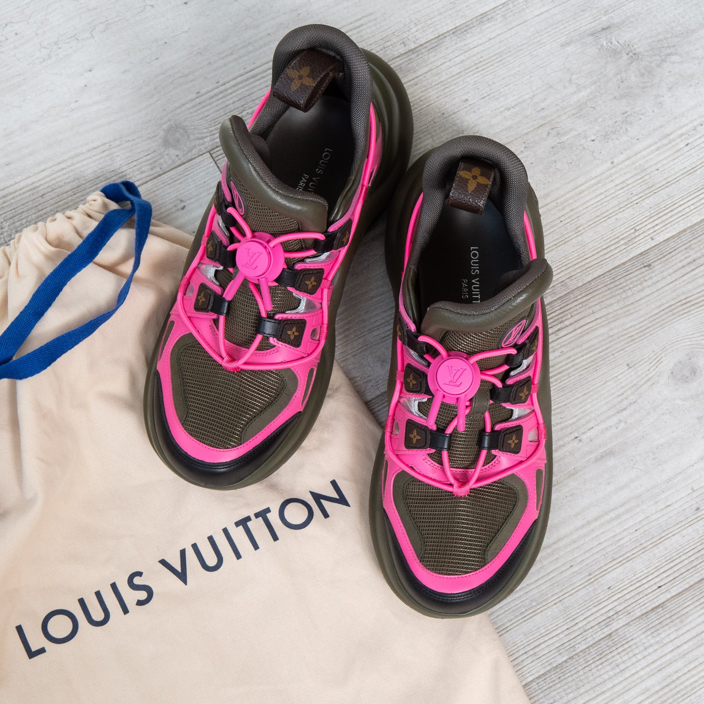 Louis Vuitton Khaki And Pink Archlight Trainers Size 38 - EVEYSPRELOVED
