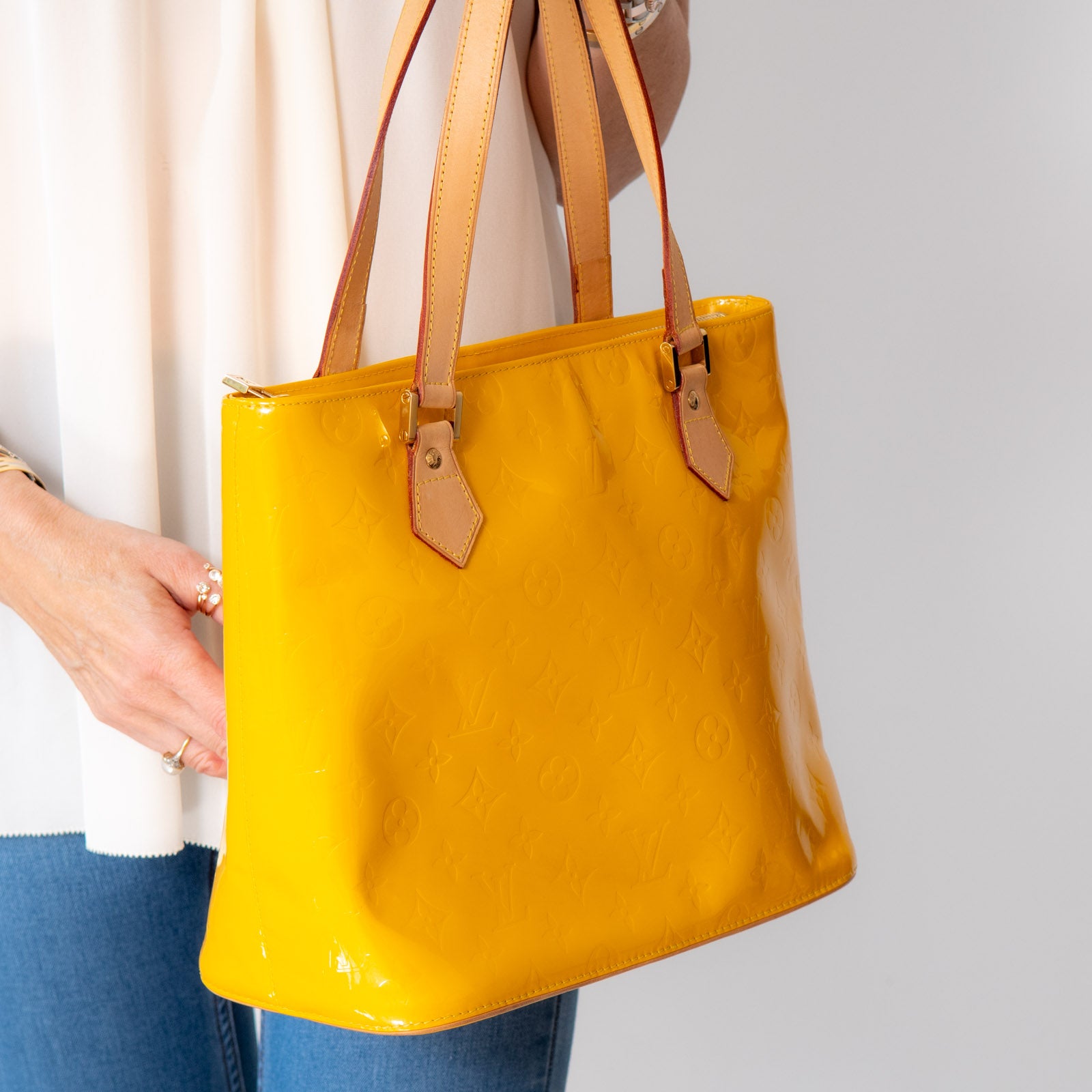LOUIS VUITTON: Houston Yellow, Patent Leather LV Logo Tote/Shoulder Bag  (of)