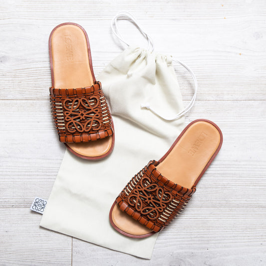 Loewe Anagram Woven Leather Tan Slide Sandals Size 37 - EVEYSPRELOVED