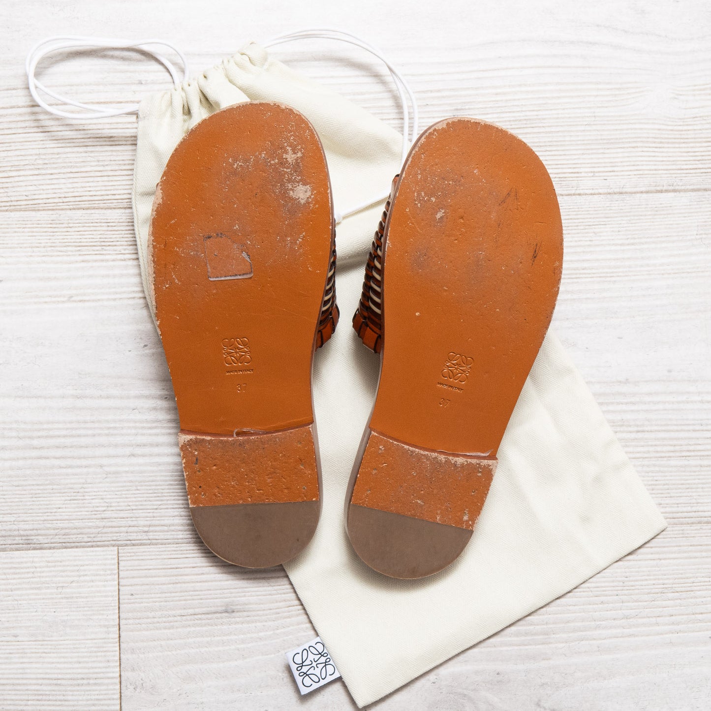 Loewe Anagram Woven Leather Tan Slide Sandals Size 37