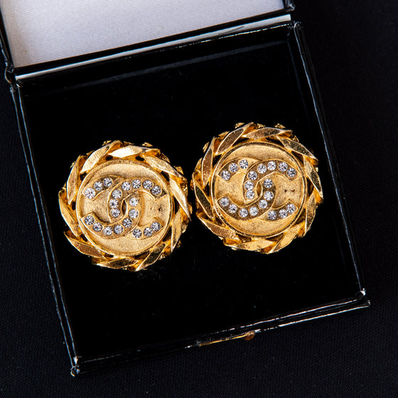 Chanel Round Clip On Earrings CC Logo Crystal Rhinestones - EVEYSPRELOVED