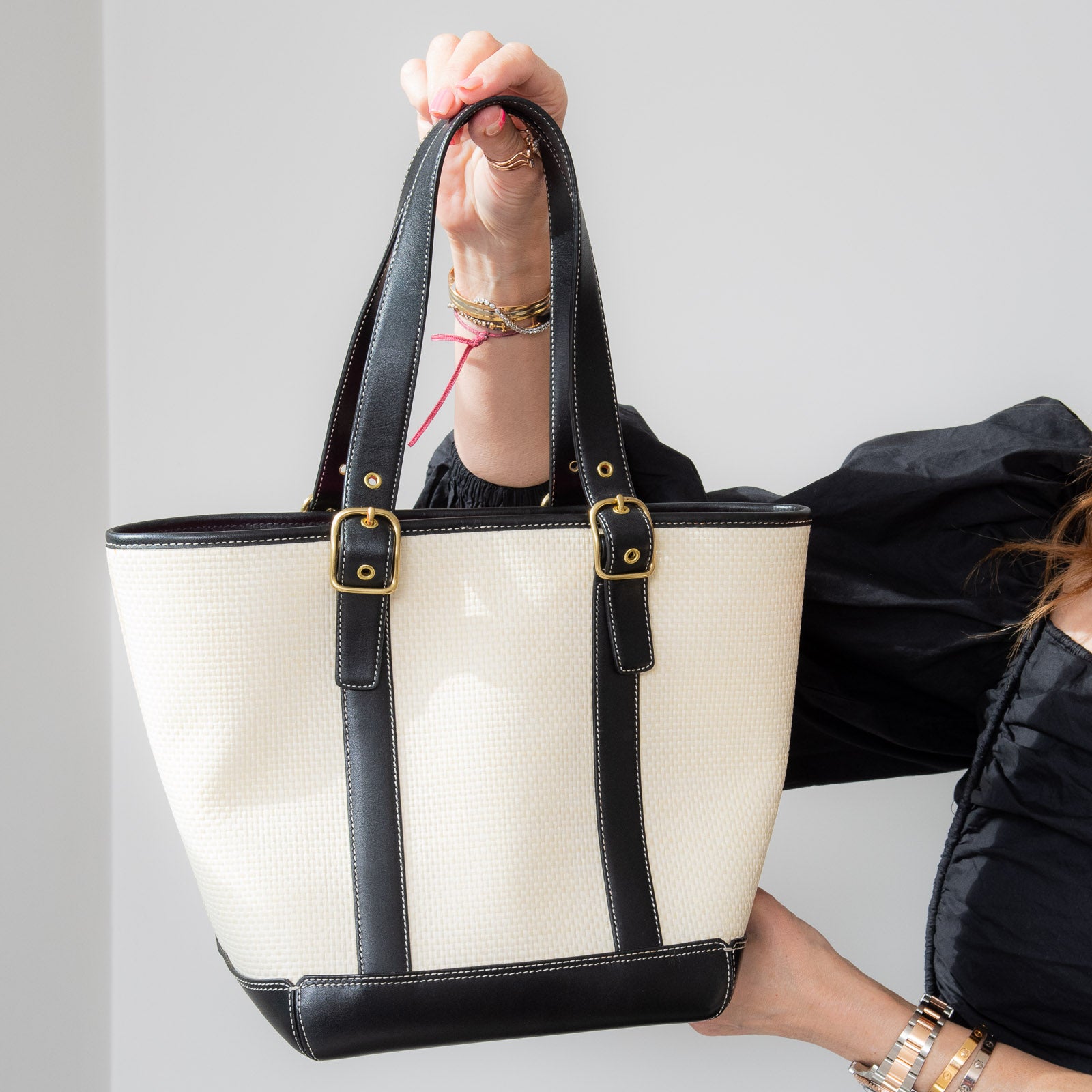 Coach Black Leather And Cream Straw Bag