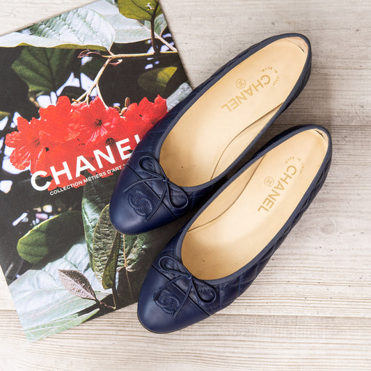 Chanel Navy Quilted Leather Ballerina Shoes