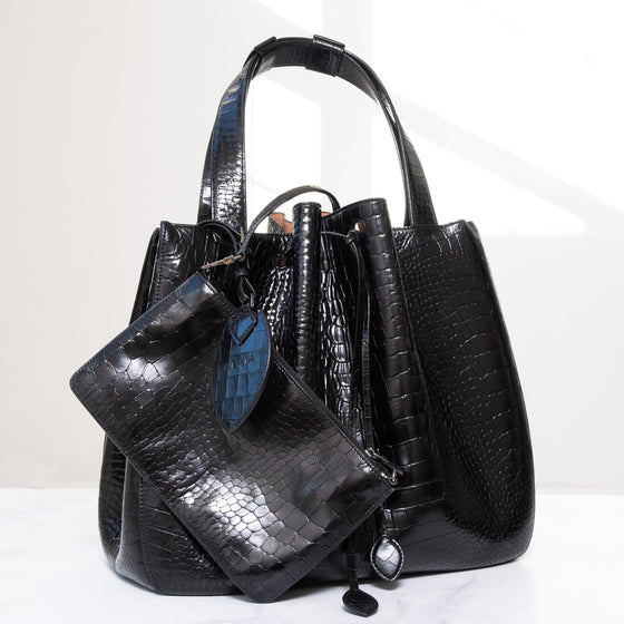 Alaia Rose Marie  Black Croc Embossed Leather Tote Bag