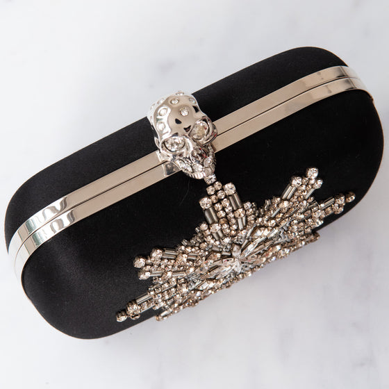 Alexander McQueen Black Satin Crystals Embellished Skull Clutch Bag