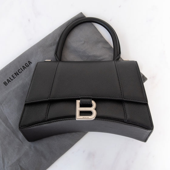 Balenciaga Hourglass Black Grained Leather Top Handle Small Leather Bag