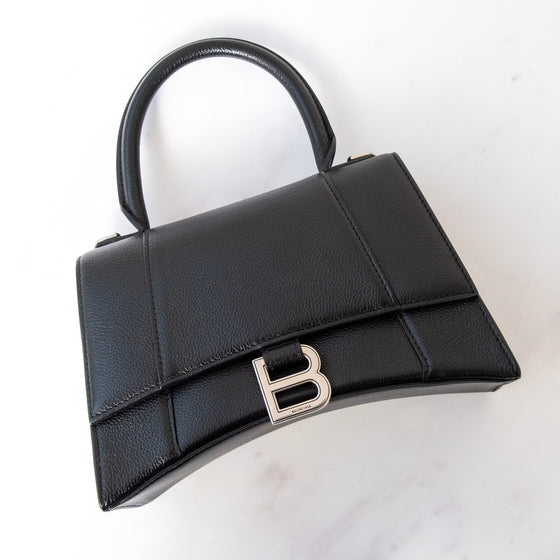 Balenciaga Hourglass Black Grained Leather Top Handle Small Leather Bag