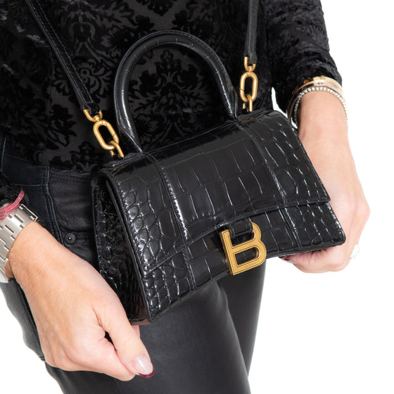 Balenciaga Mini Black Crocodile Embossed Hourglass Handbag