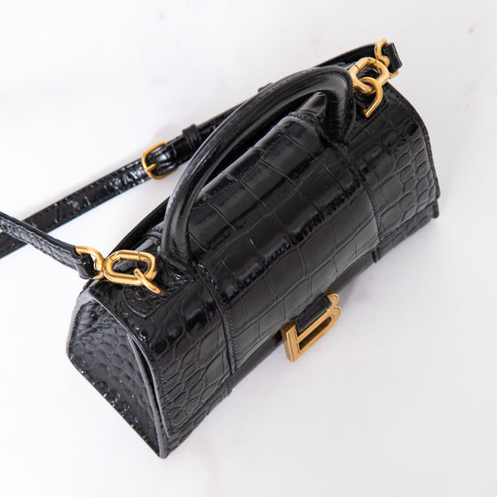 Balenciaga Mini Black Crocodile Embossed Hourglass Handbag