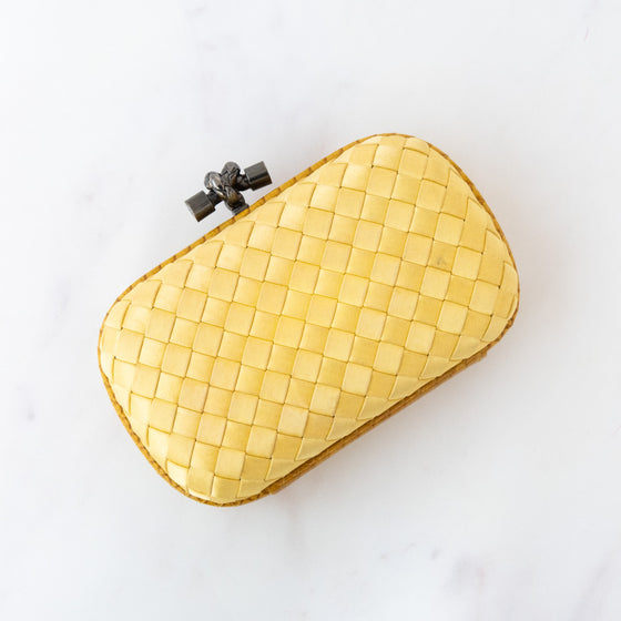 Bottega Veneta Gold Satin Intrecciato Knot Clutch Bag