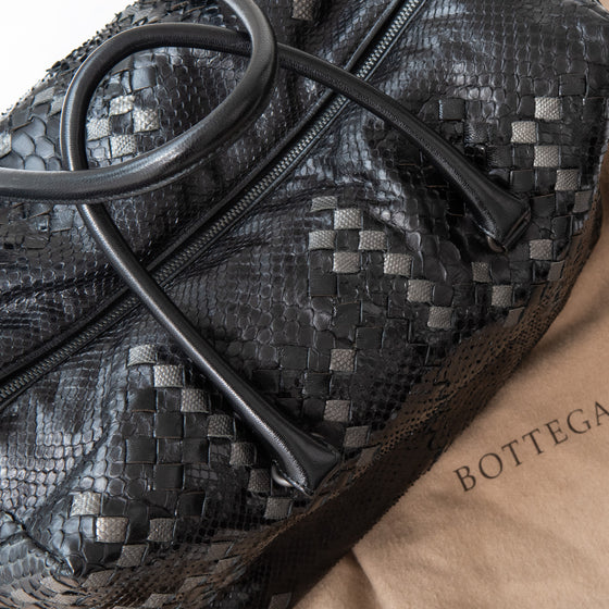 Bottega Veneta Black And Grey Python Intrecciato Leather Boston Bag