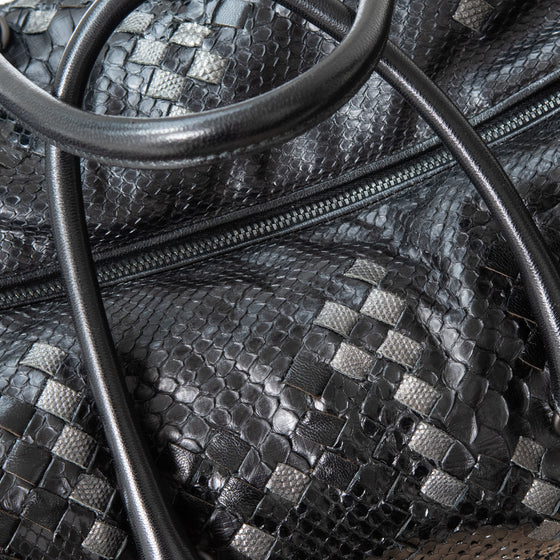 Bottega Veneta Black And Grey Python Intrecciato Leather Boston Bag