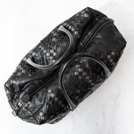 Bottega Veneta Black And Grey Python Intrecciato Leather Boston Bag