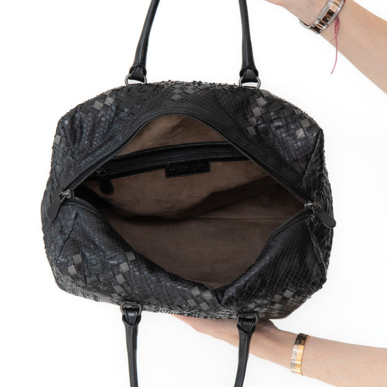 Bottega Veneta Black And Grey Python Intrecciato Leather Boston Bag