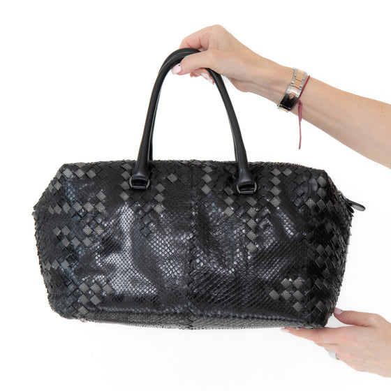 Bottega Veneta Black And Grey Python Intrecciato Leather Boston Bag
