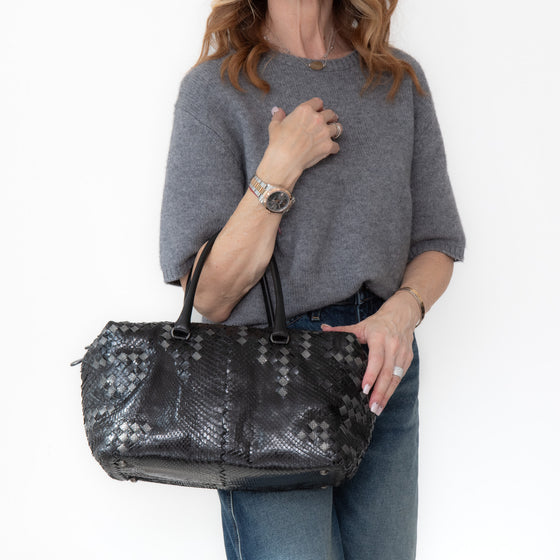 Bottega Veneta Black And Grey Python Intrecciato Leather Boston Bag
