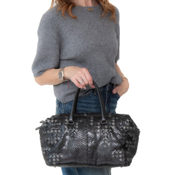 Bottega Veneta Black And Grey Python Intrecciato Leather Boston Bag