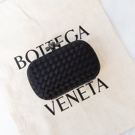 Bottega Veneta Black Satin Intrecciato Leather Knot Clutch Bag