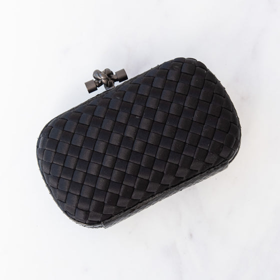 Bottega Veneta Black Satin Intrecciato Leather Knot Clutch Bag
