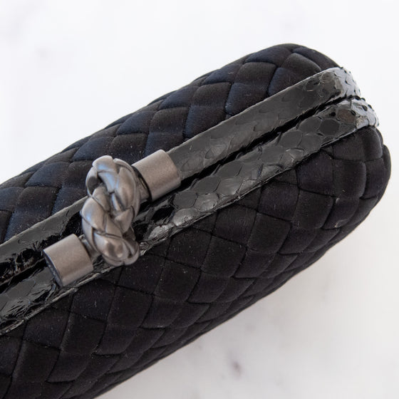 Bottega Veneta Black Satin Intrecciato Leather Knot Clutch Bag