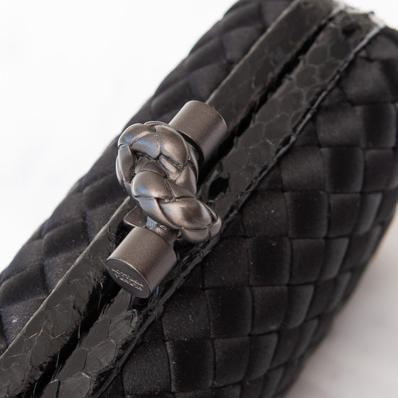 Bottega Veneta Black Satin Intrecciato Leather Knot Clutch Bag