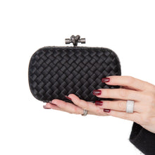  Bottega Veneta Black Satin Intrecciato Leather Knot Clutch Bag