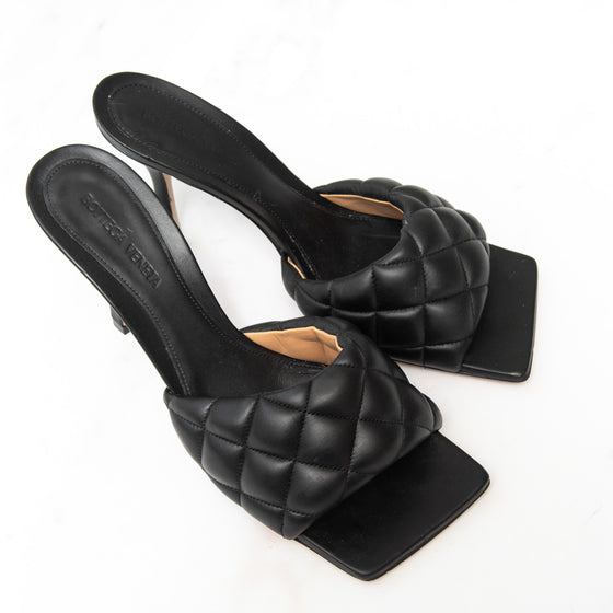 **UNUSED** Bottega Veneta Black Leather Lido Heel Sandals