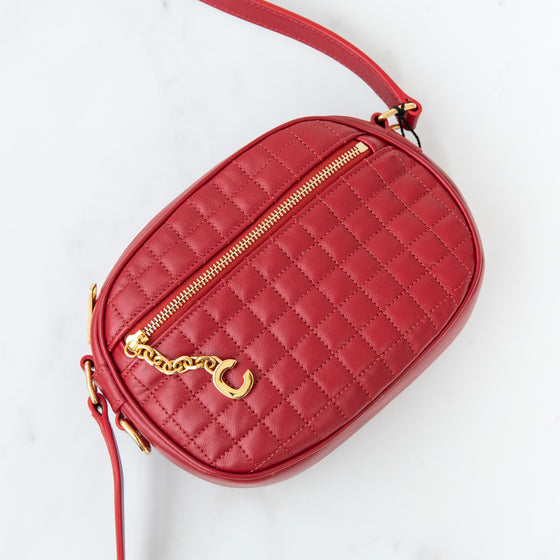 **UNUSED** Red Quilted Calfskin Leather C Charm Small Camera Bag