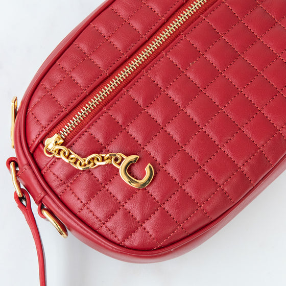 **UNUSED** Red Quilted Calfskin Leather C Charm Small Camera Bag