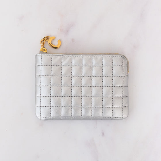 Celine C Charm Quilted Silver Leather Coin Purse