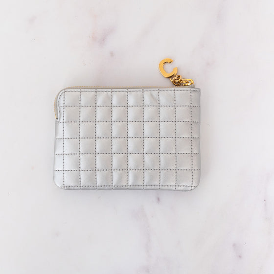 Celine C Charm Quilted Silver Leather Coin Purse