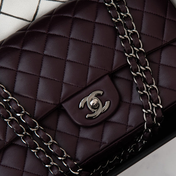 Chanel Aubergine Classic Quilted Medium Double Flap  Bag Lambskin Leather Gunmetal Tone Hardware