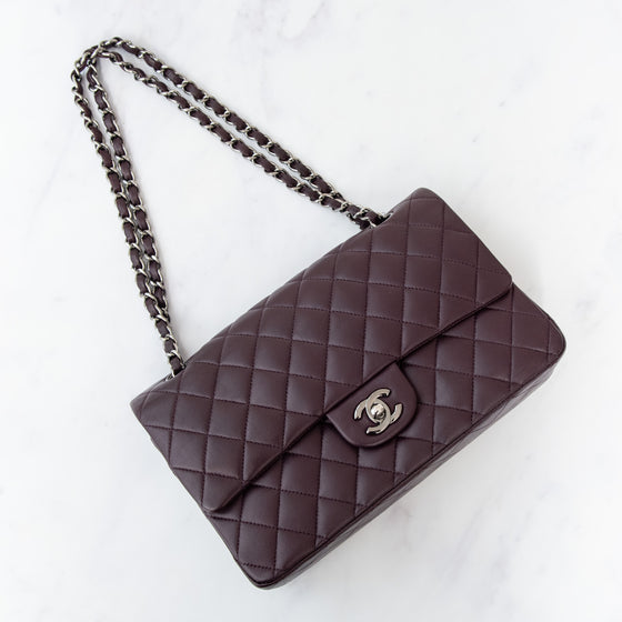 Chanel Aubergine Classic Quilted Medium Double Flap  Bag Lambskin Leather Gunmetal Tone Hardware