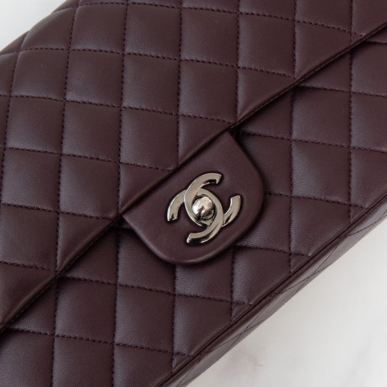 Chanel Aubergine Classic Quilted Medium Double Flap  Bag Lambskin Leather Gunmetal Tone Hardware