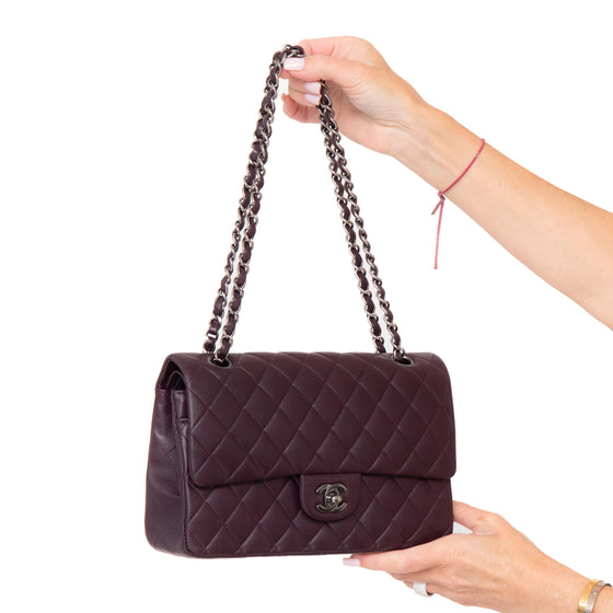 Chanel Aubergine Classic Quilted Medium Double Flap  Bag Lambskin Leather Gunmetal Tone Hardware