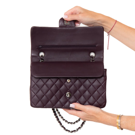 Chanel Aubergine Classic Quilted Medium Double Flap  Bag Lambskin Leather Gunmetal Tone Hardware