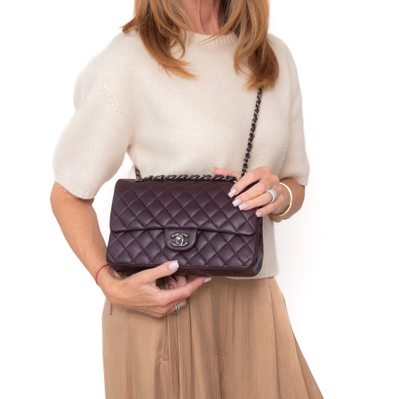 Chanel Aubergine Classic Quilted Medium Double Flap  Bag Lambskin Leather Gunmetal Tone Hardware