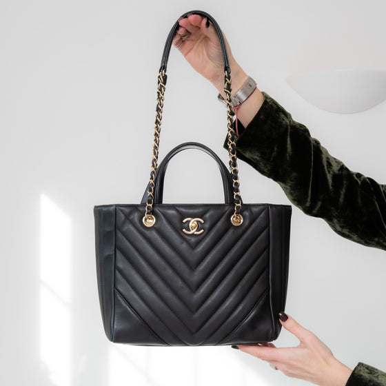 Chanel Black V Chevron Shopping Tote Bag