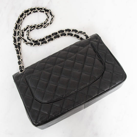 Chanel Black  Caviar Leather Jumbo Double Flap Classic Bag
