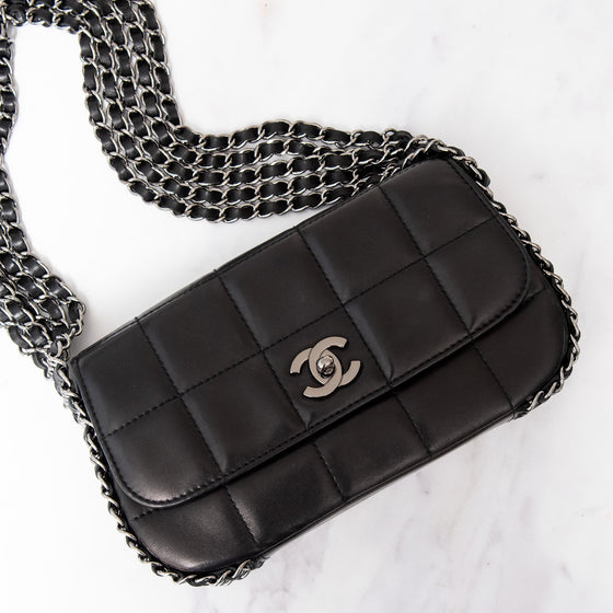 Chanel Vintage Black Multi Chain Chocolate Bar Quilted  Flap Bag