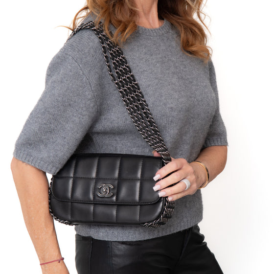 Chanel Vintage Black Multi Chain Chocolate Bar Quilted  Flap Bag