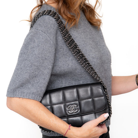 Chanel Vintage Black Multi Chain Chocolate Bar Quilted  Flap Bag