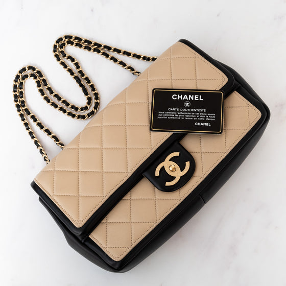 Chanel Two Tone Beige And Black Leather Graphic Flap Bag