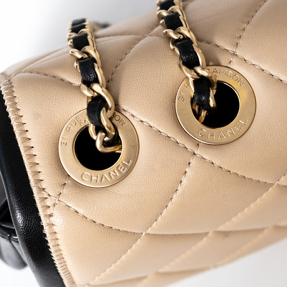 Chanel Two Tone Beige And Black Leather Graphic Flap Bag