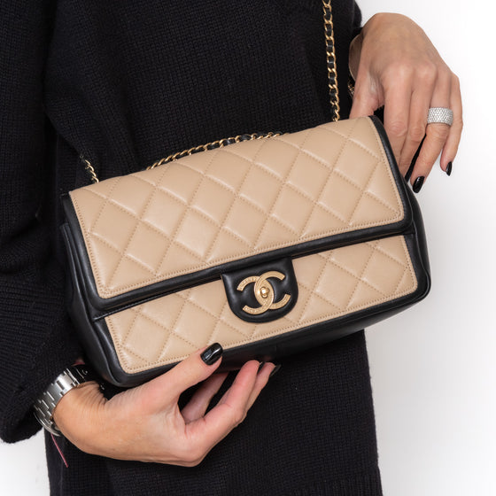 Chanel Two Tone Beige And Black Leather Graphic Flap Bag