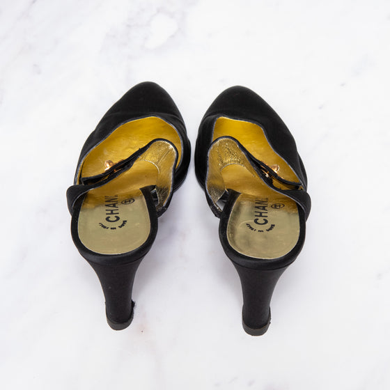 Chanel Vintage Black Satin Slingback Heels