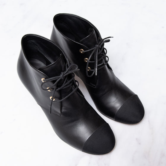 Chanel Black Leather Lace Up Ankle Boots