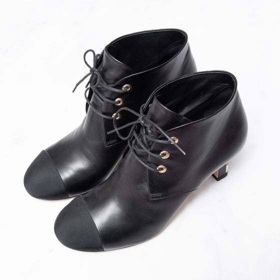 Chanel Black Leather Lace Up Ankle Boots